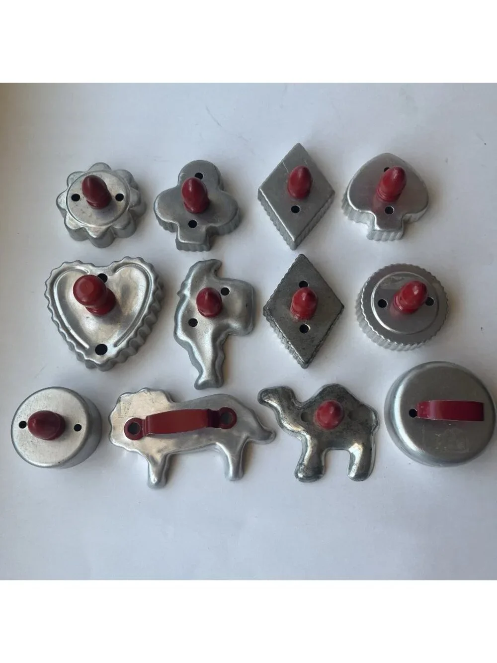 Vintage 12 Aluminum Cookie Cutters Red Handle Knobs Baking Retro Kitchen Decor